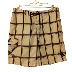 Hurley board shorts mens 31 white plaid cargo swim trunks drawstring surf